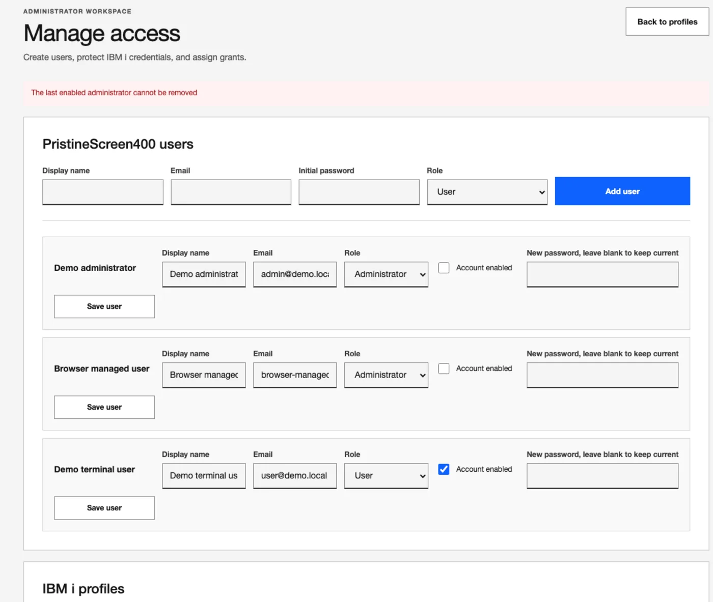 PristineScreen400 administration page for application users and IBM i profiles