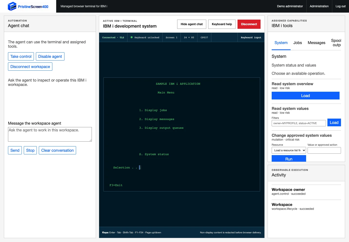 AI agent chat beside a live 5250 terminal, assigned IBM i tools, and Activity in PristineScreen400