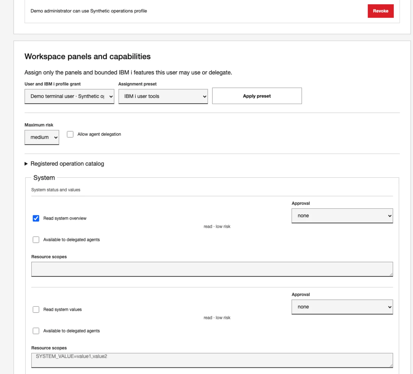Capability administration with assignment presets, risk levels, approval, and resource scopes