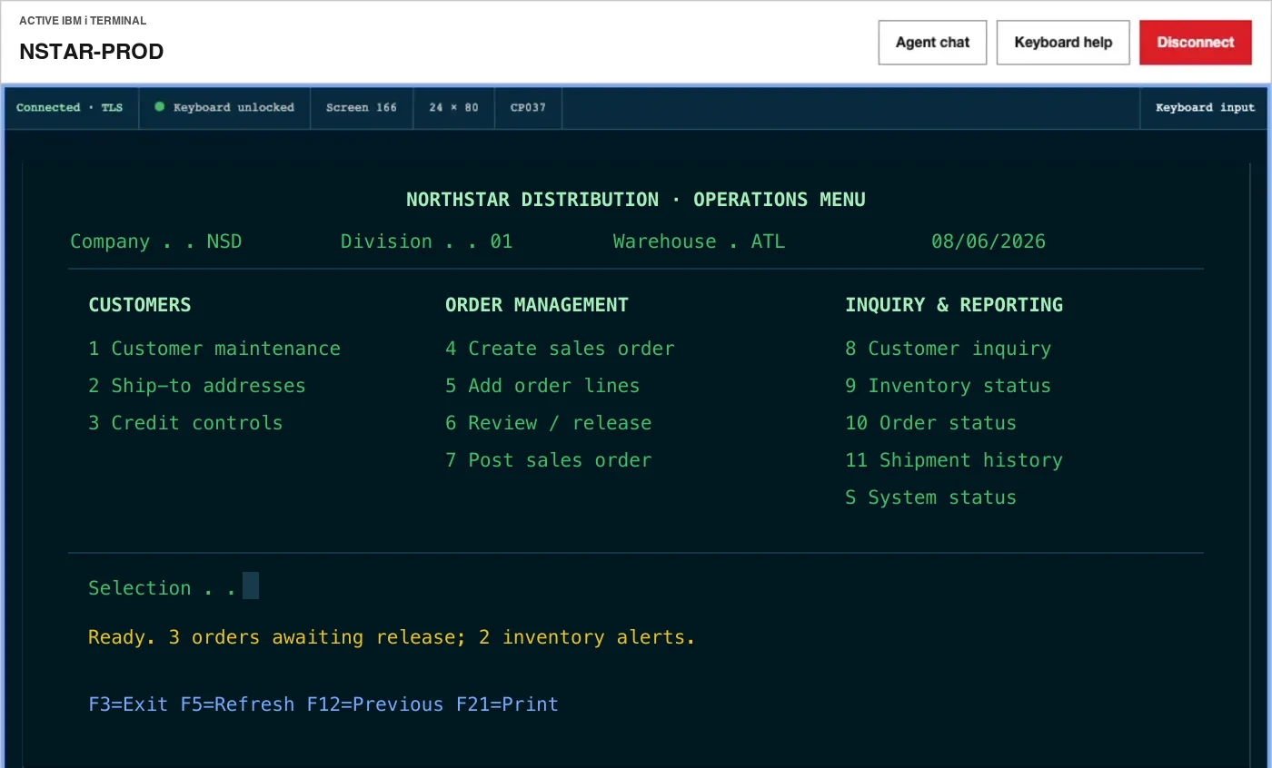 Northstar Distribution operations menu running in the live PristineScreen400 5250 terminal