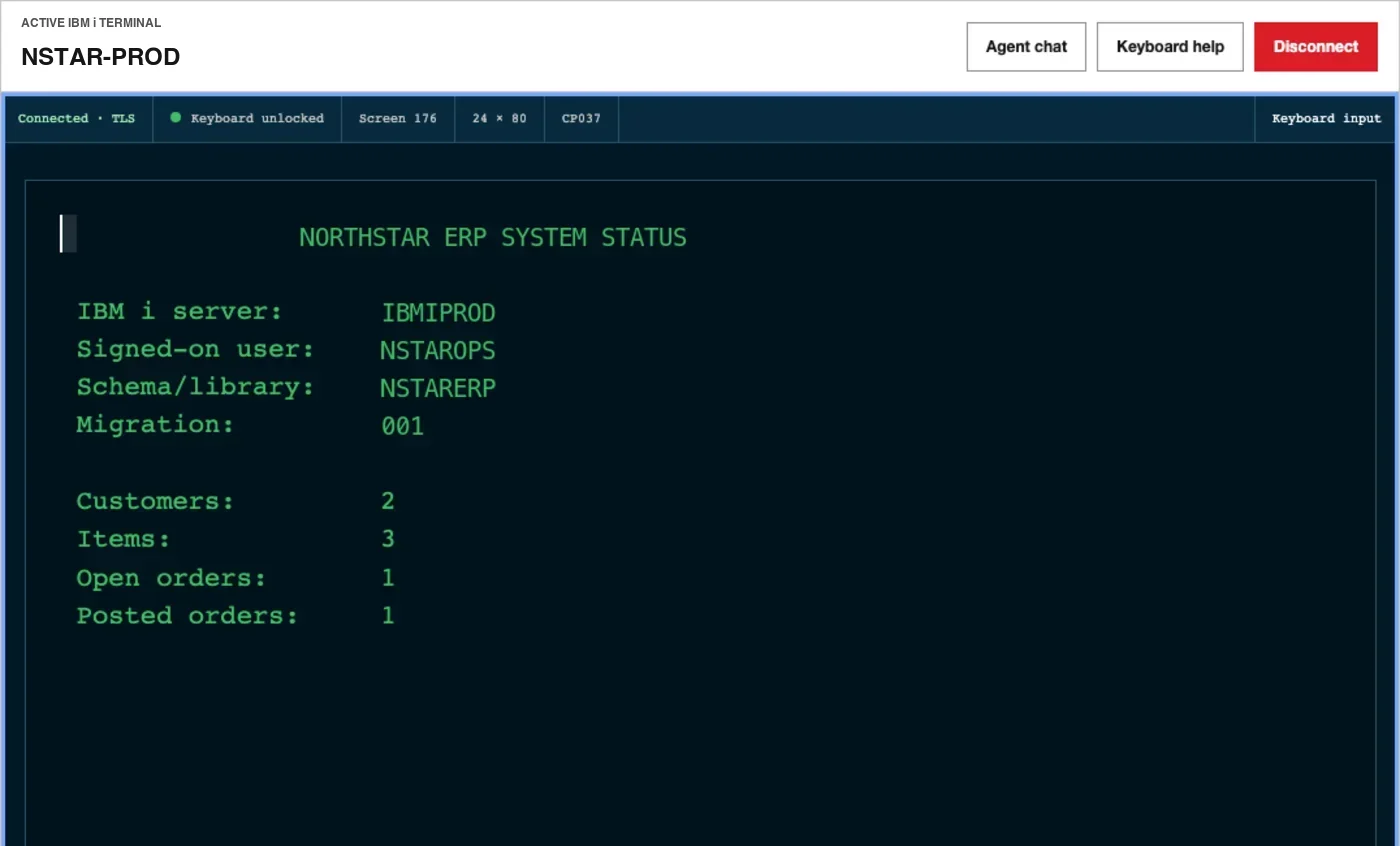 PristineScreen400 live IBM i application workspace and session status