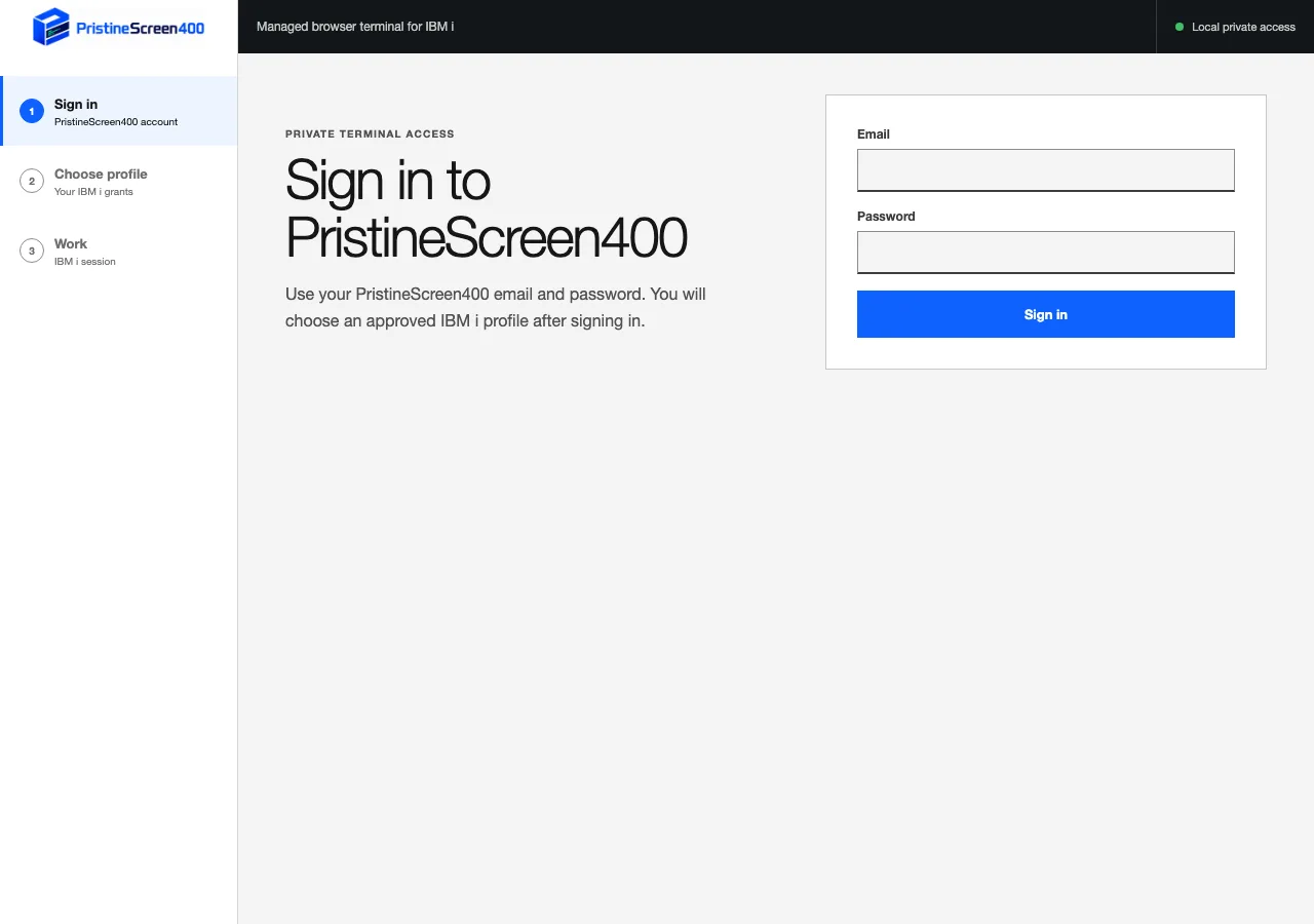 Default PristineScreen400 sign-in page