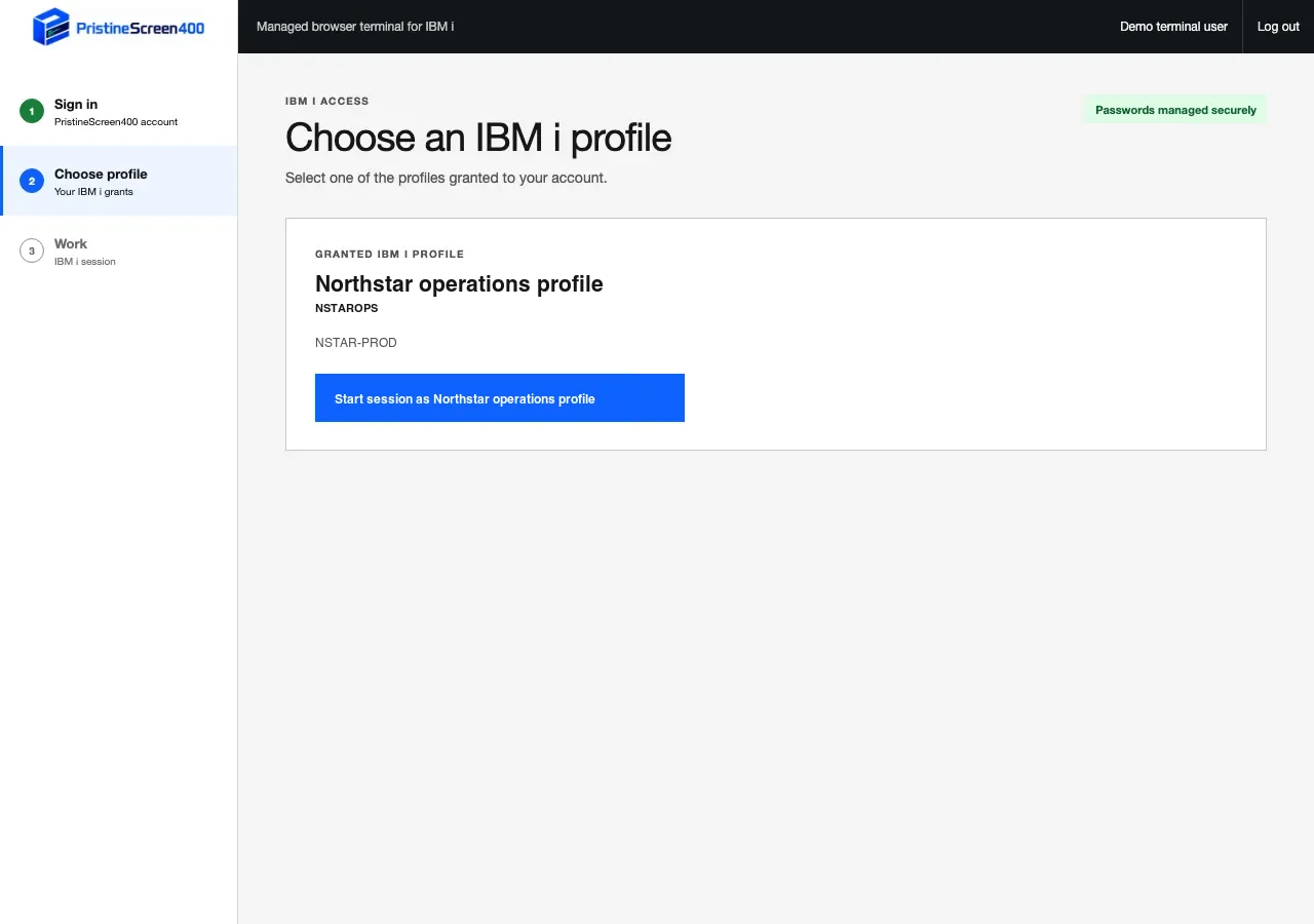 Granted IBM i profile selection page