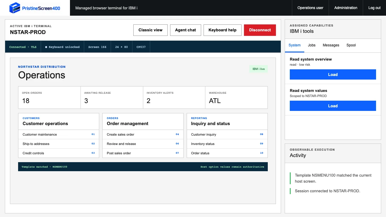 Northstar operations menu rendered through an optional PristineScreen400 screen template