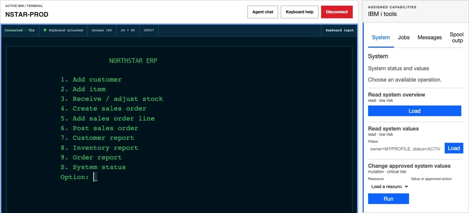 Live Northstar ERP 5250 menu beside assigned IBM i tools in PristineScreen400